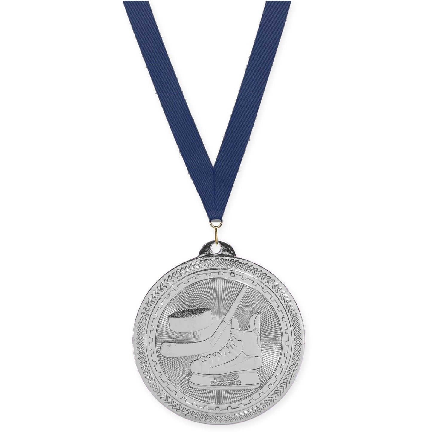 2 inch hockey Sunburst medal in bright silver with Navy neck ribbon