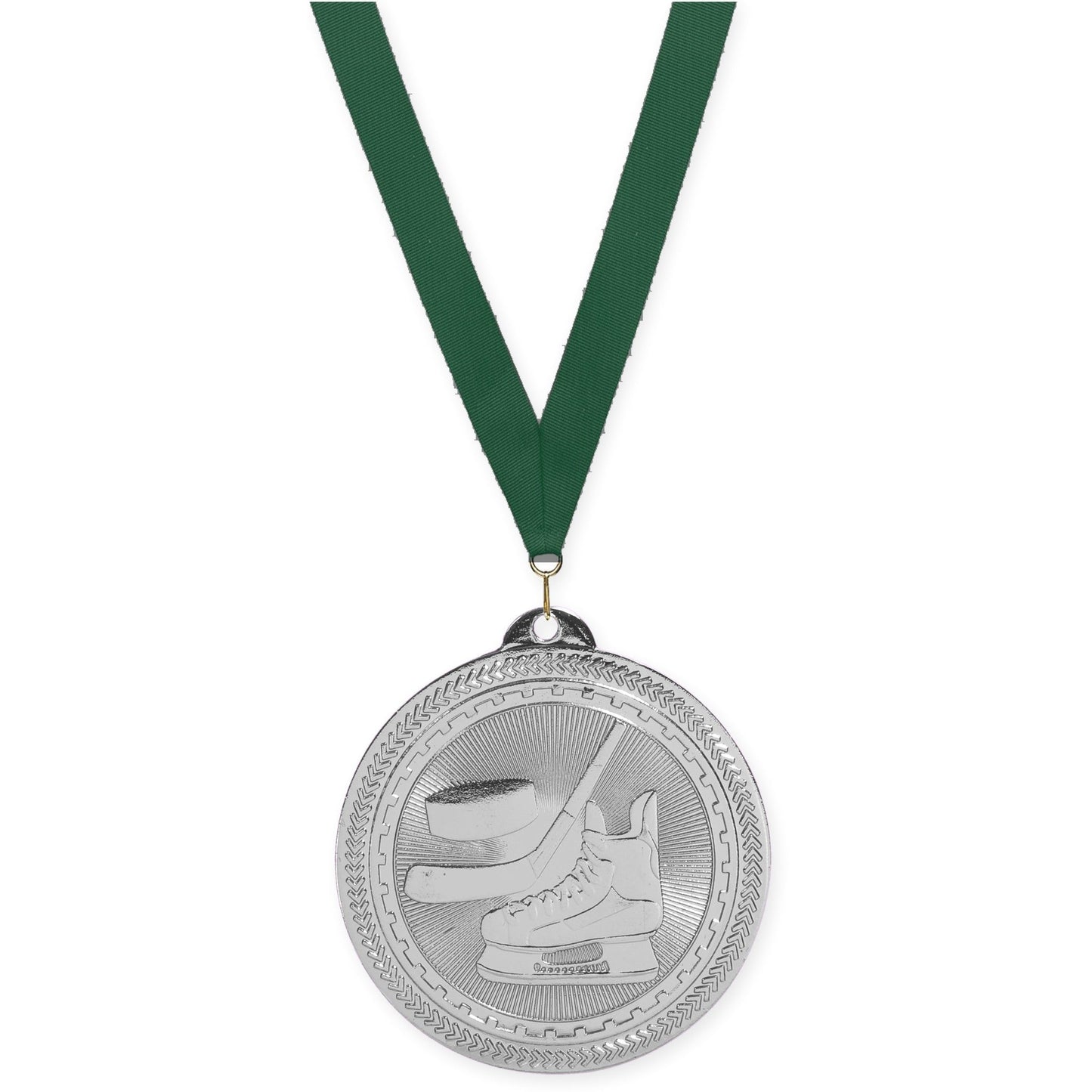2 inch hockey Sunburst medal in bright silver with Hunter Green neck ribbon