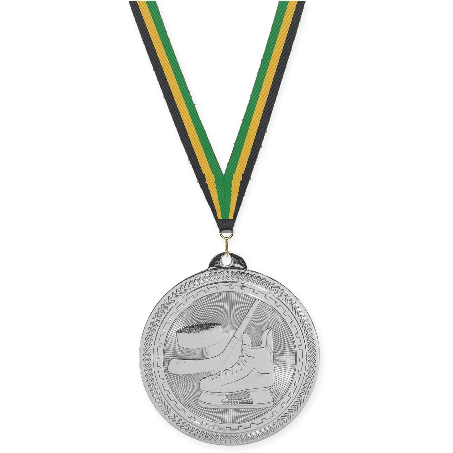 2 inch hockey Sunburst medal in bright silver with Black Gold Green neck ribbon