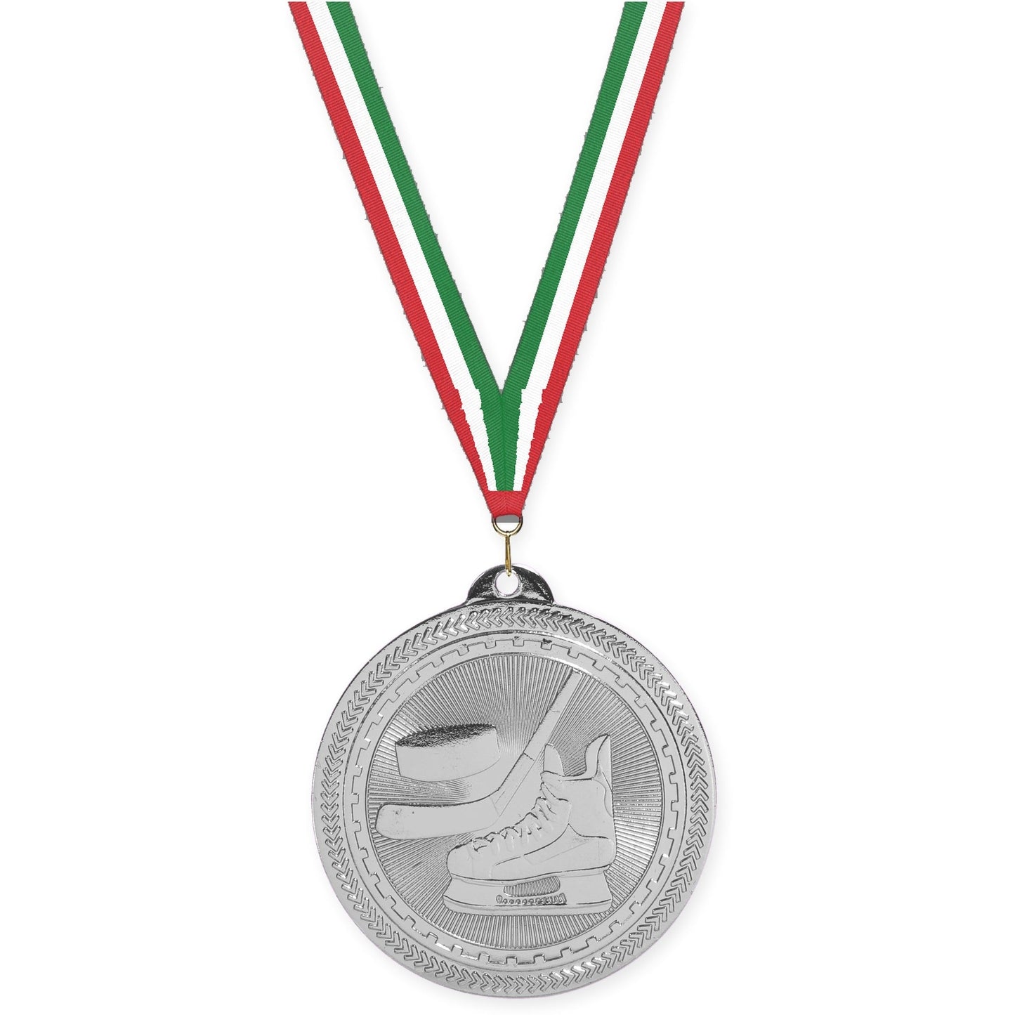 2 inch hockey Sunburst medal in bright silver with Red White Green neck ribbon