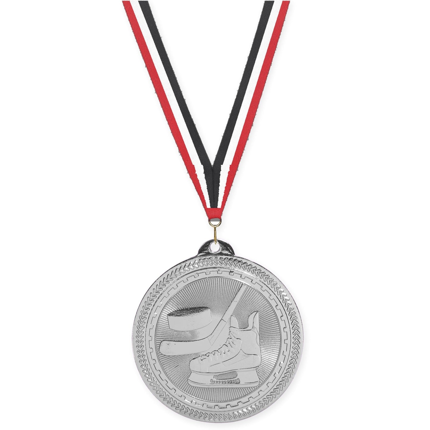 2 inch hockey Sunburst medal in bright silver with Red White Black neck ribbon