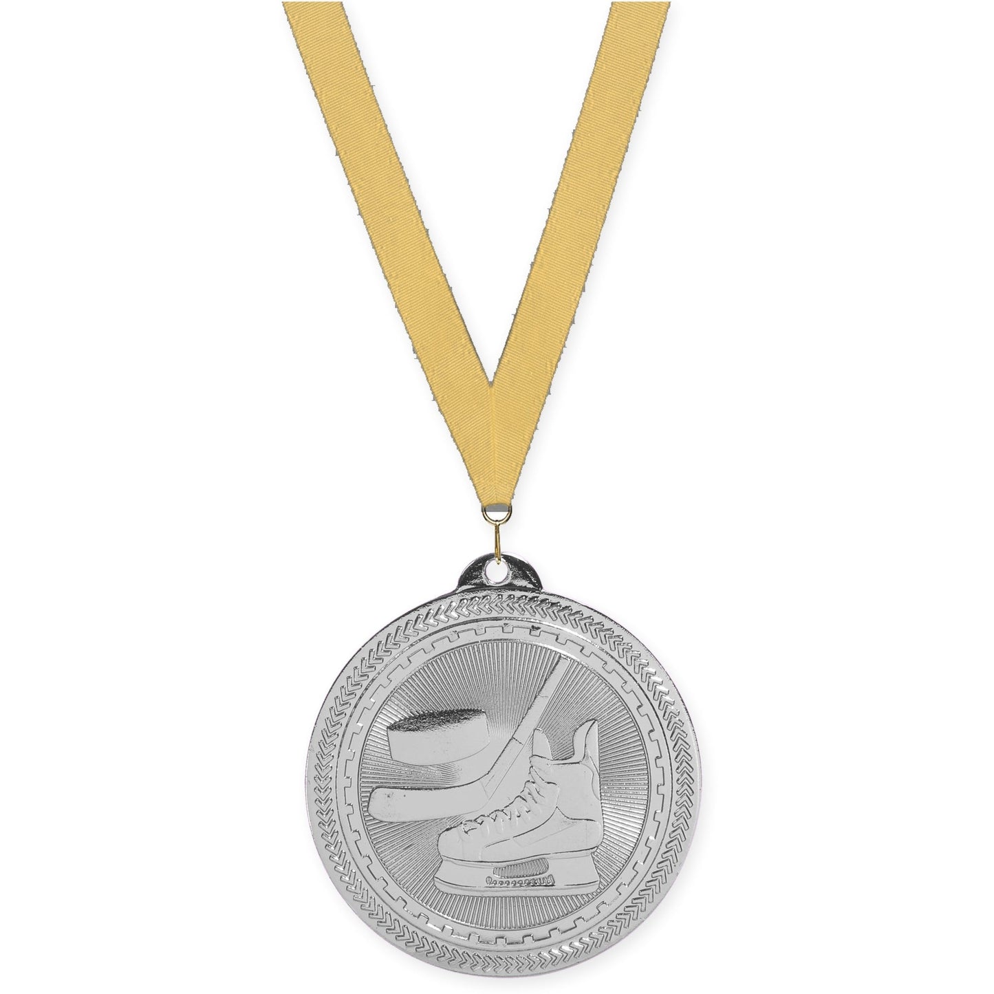 2 inch hockey Sunburst medal in bright silver with Gold Metallic neck ribbon