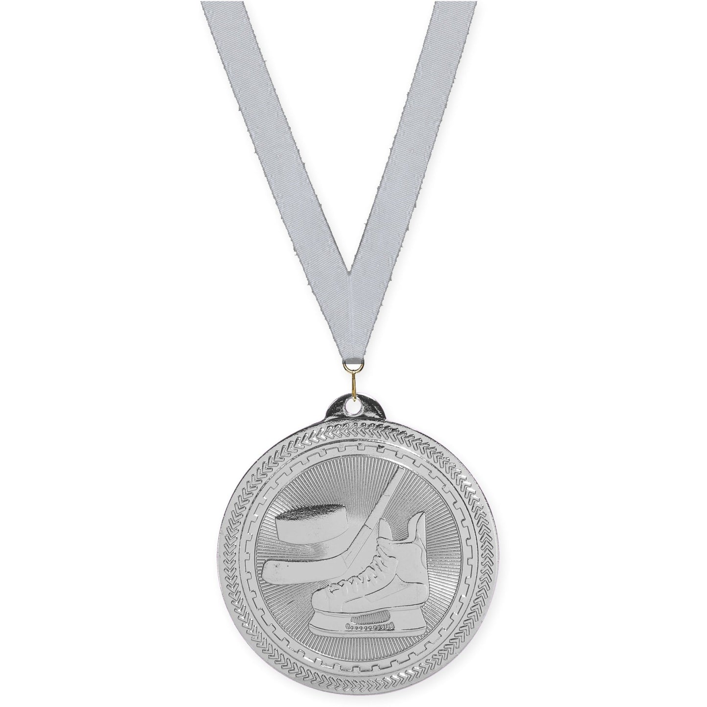 2 inch hockey Sunburst medal in bright silver with Silver Metallic neck ribbon