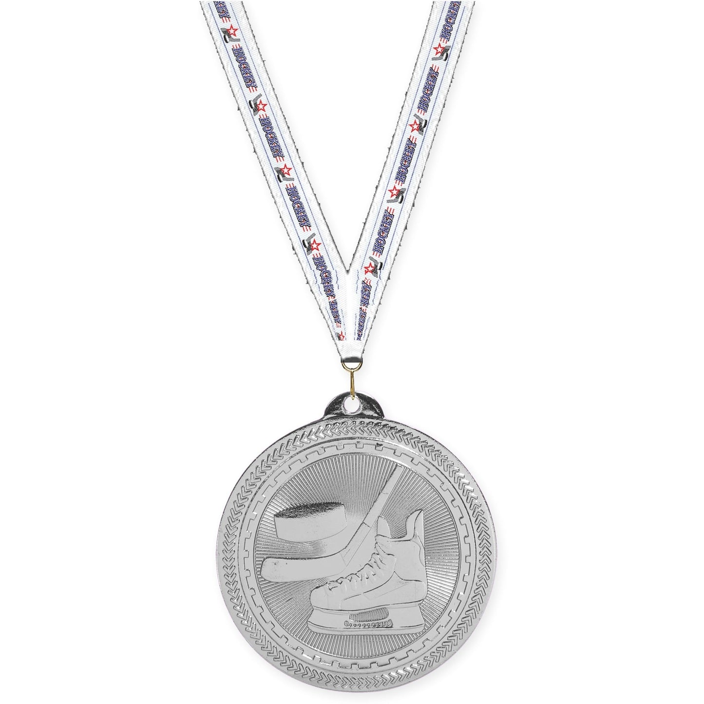 2 inch hockey Sunburst medal in bright silver with Hockey neck ribbon