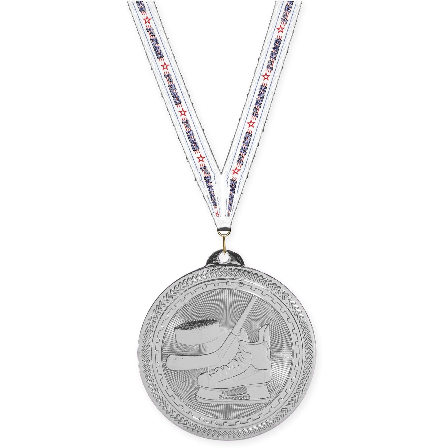 2 inch hockey Sunburst medal in bright silver with 1st Place neck ribbon