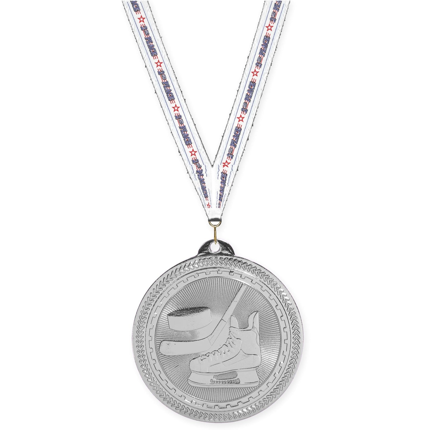 2 inch hockey Sunburst medal in bright silver with 2nd Place neck ribbon