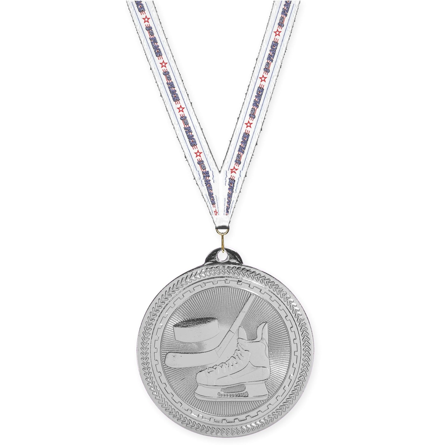 2 inch hockey Sunburst medal in bright silver with 3rd Place neck ribbon