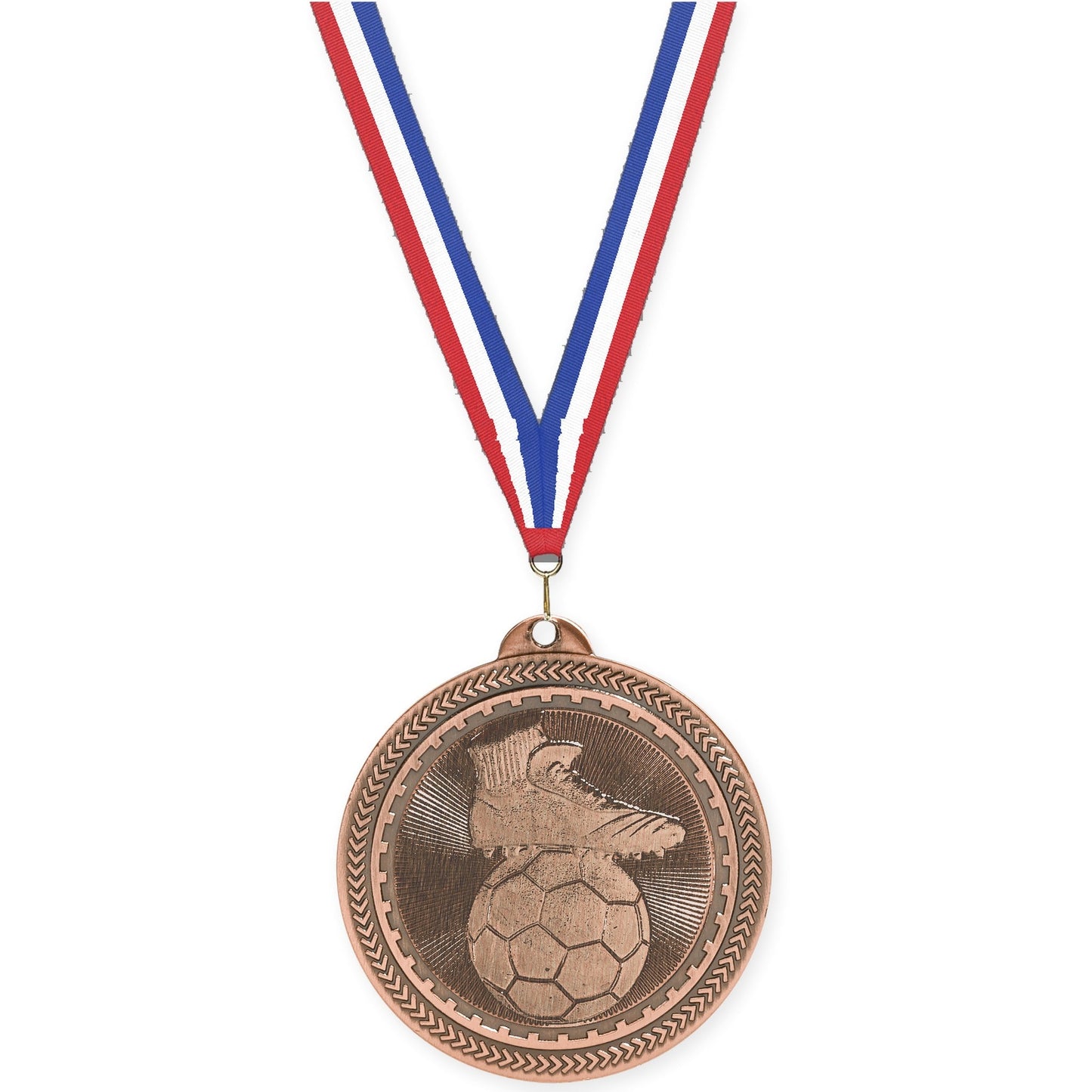 2 inch soccer medal in antique bronze with Red White Blue neck ribbon