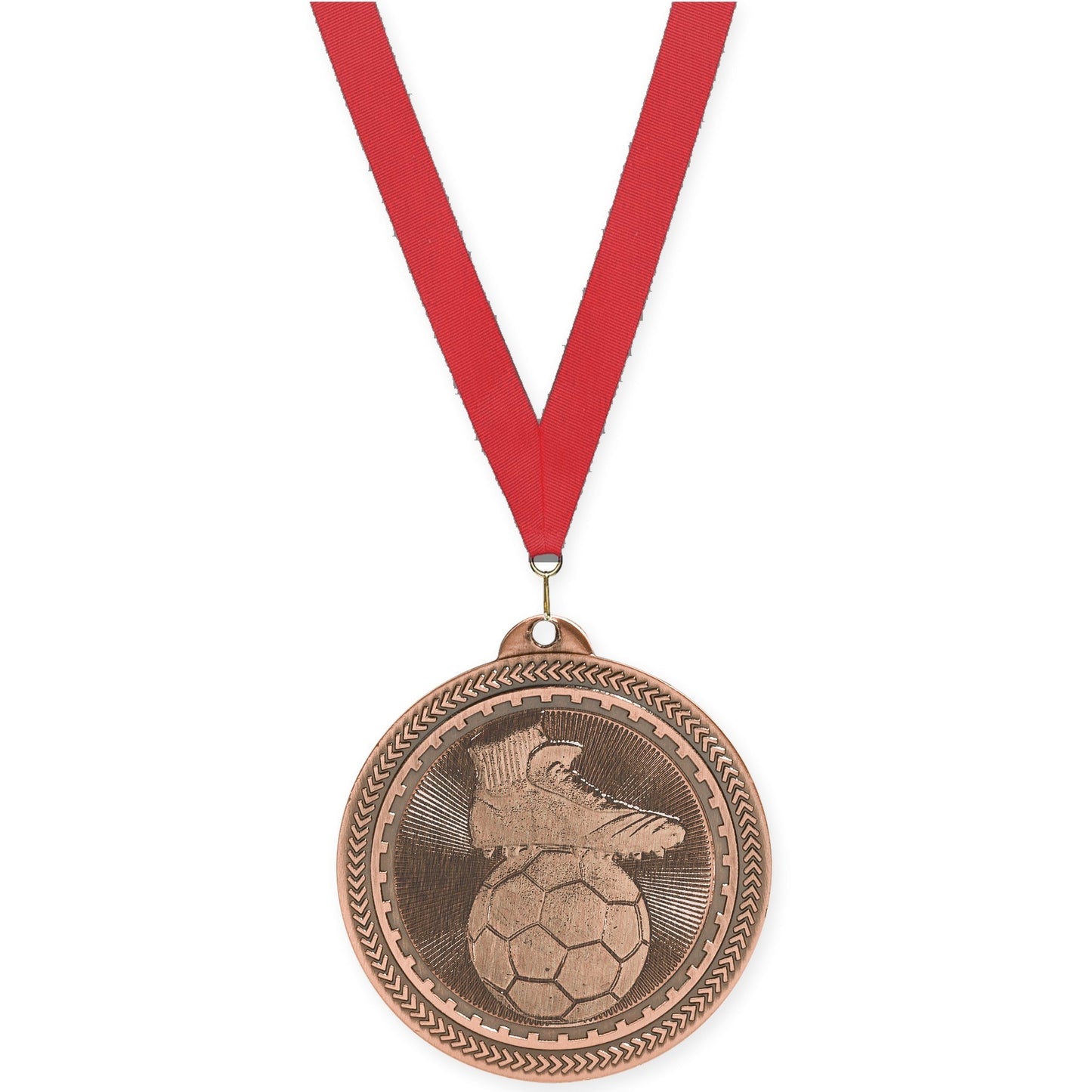 2 inch soccer medal in antique bronze with Red neck ribbon