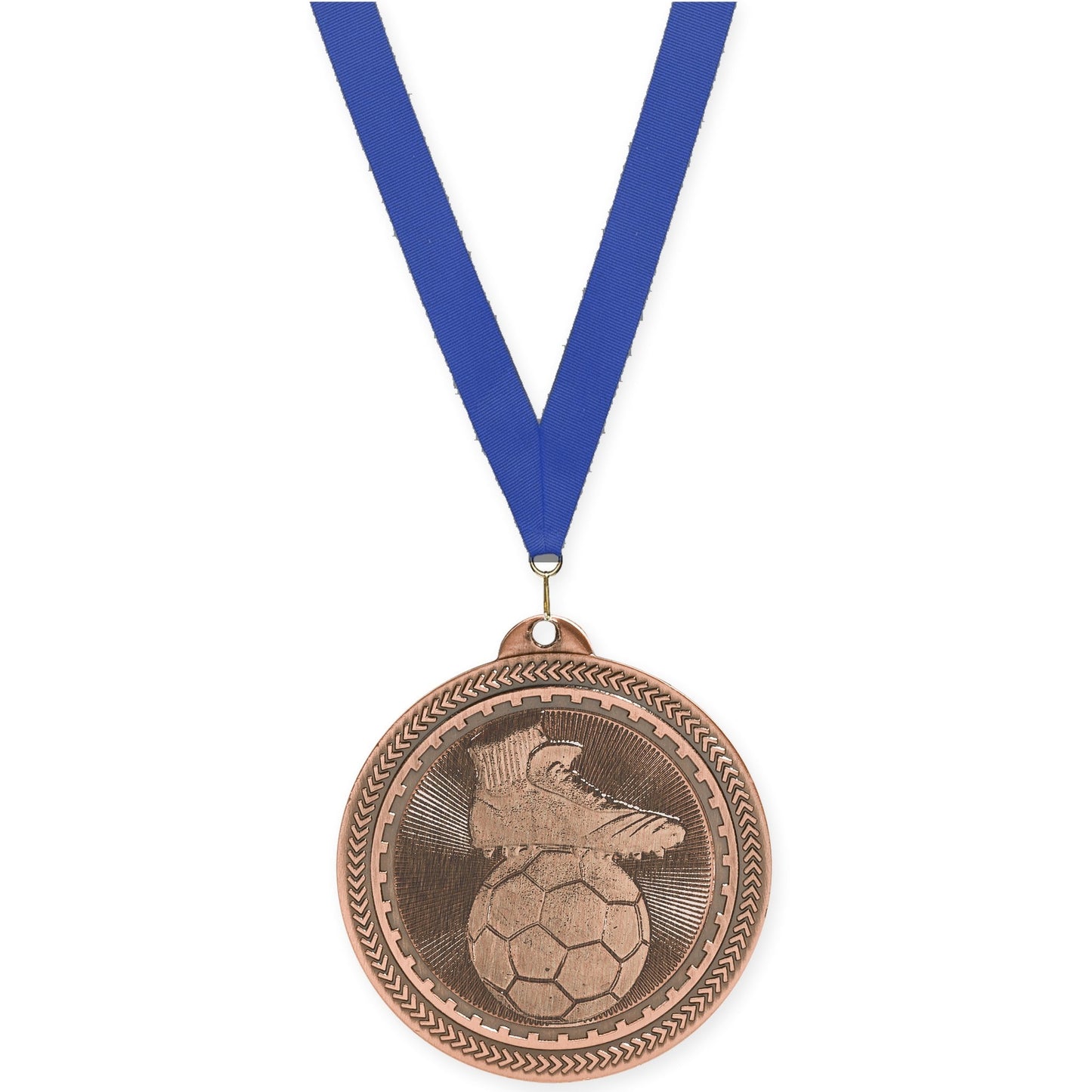 2 inch soccer medal in antique bronze with Blue neck ribbon