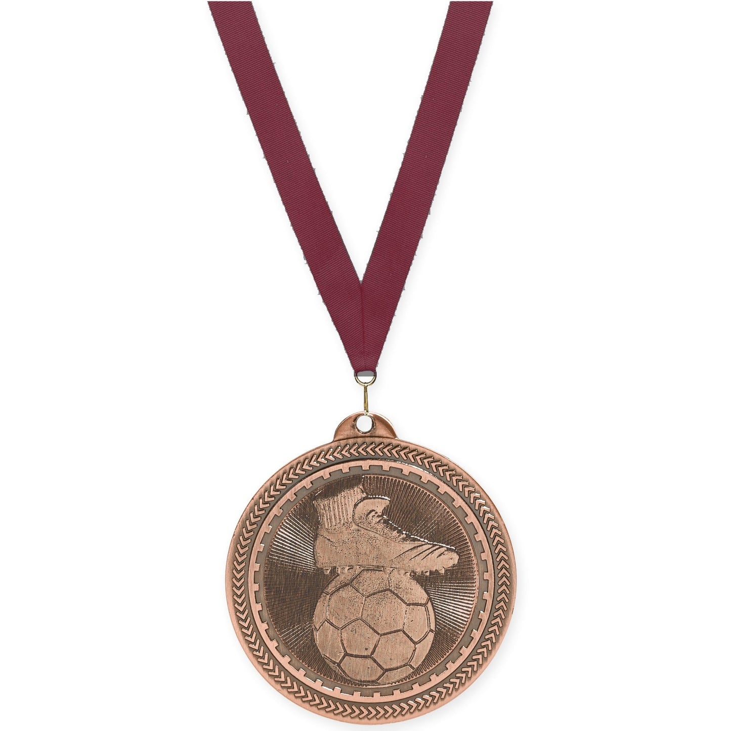 2 inch soccer medal in antique bronze with Maroon neck ribbon