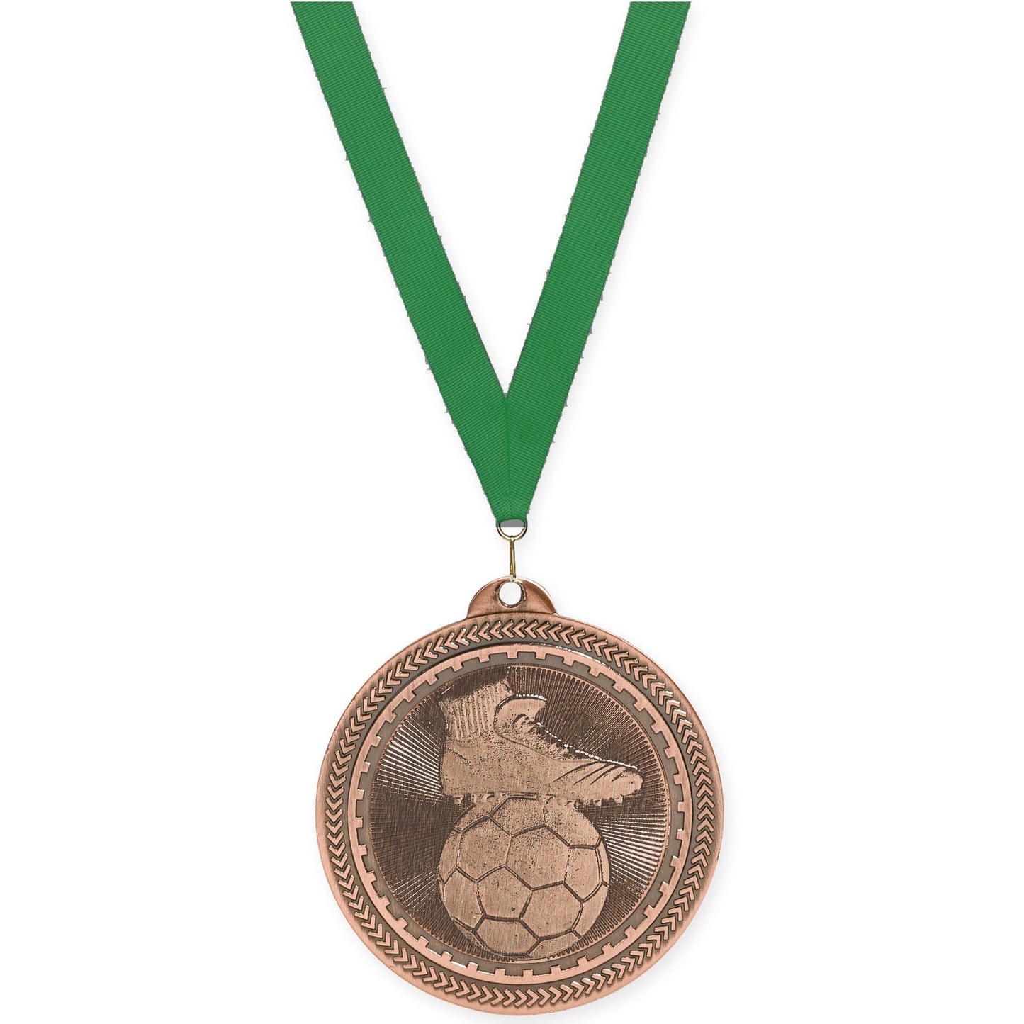 2 inch soccer medal in antique bronze with Green neck ribbon