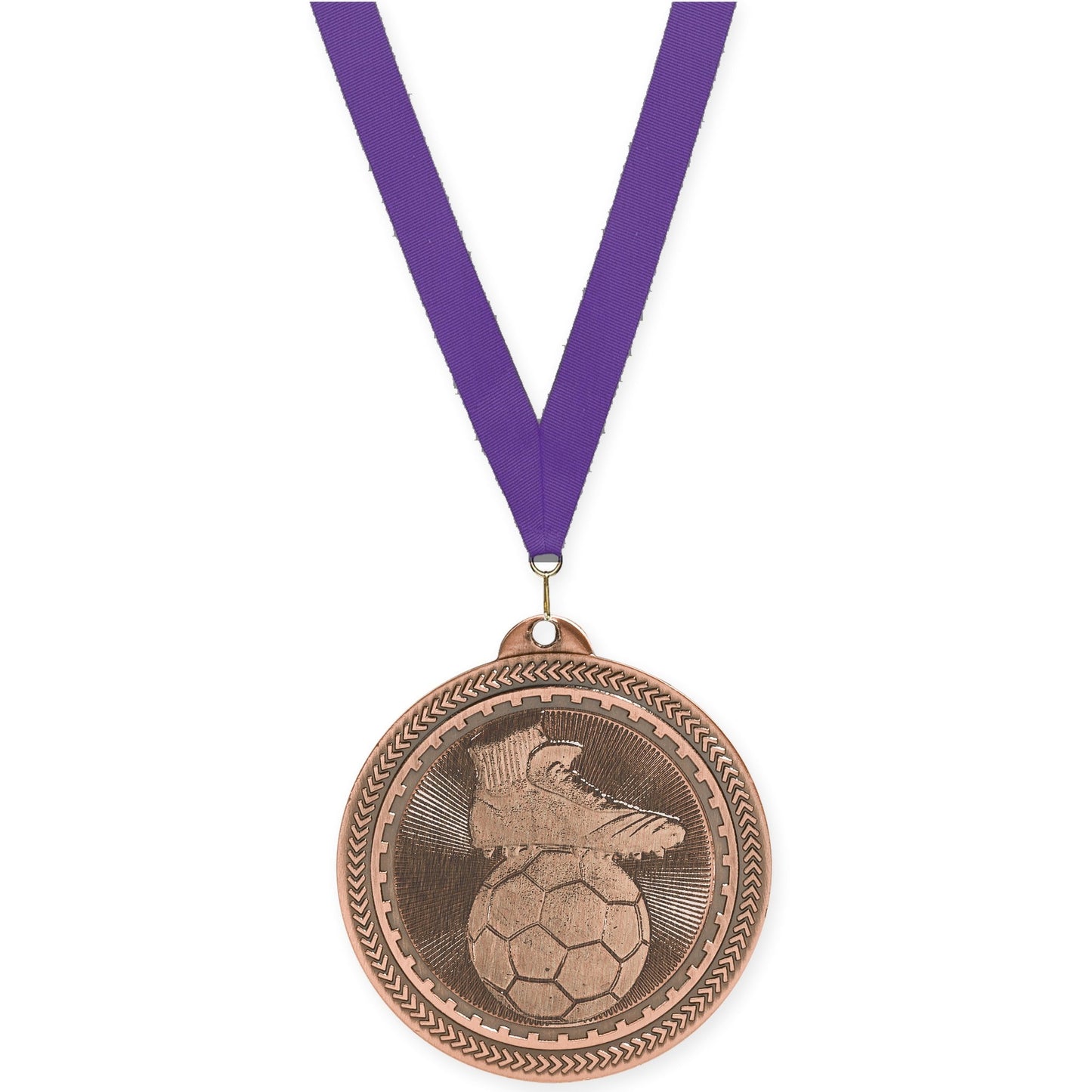 2 inch soccer medal in antique bronze with Purple neck ribbon