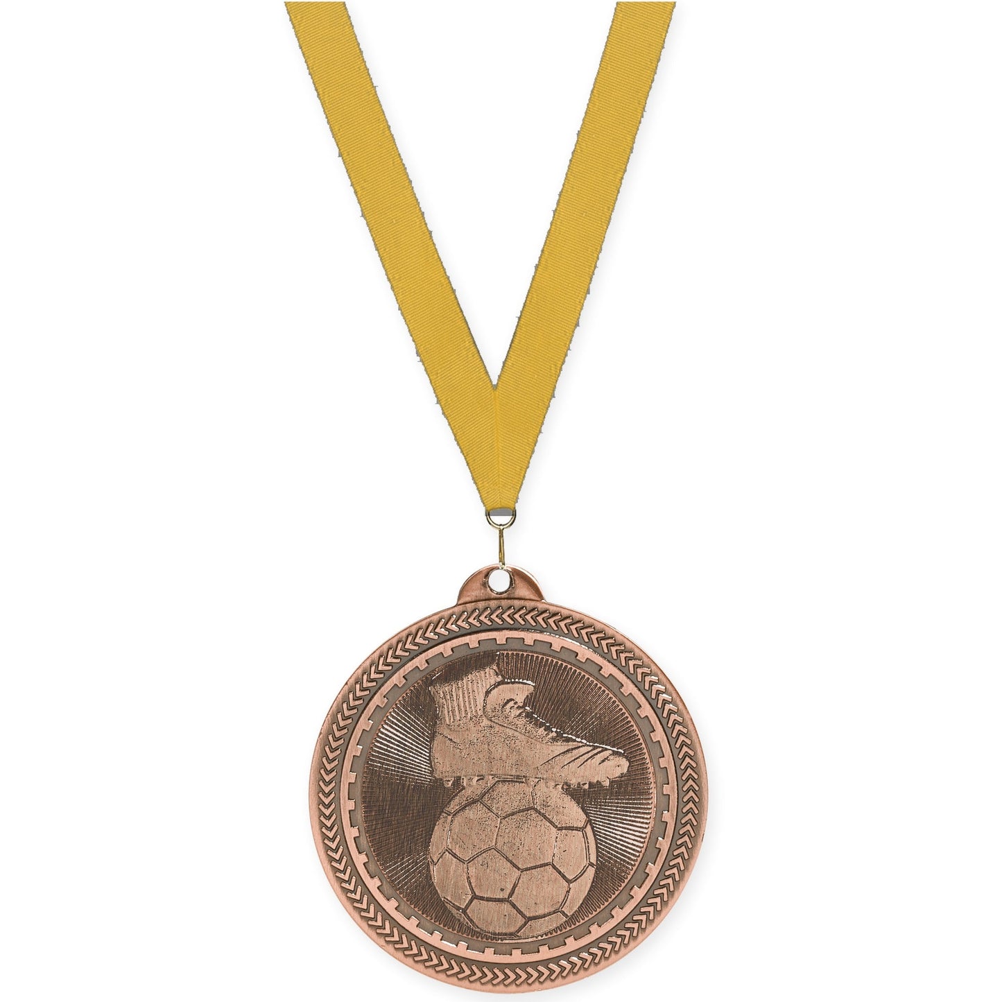 2 inch soccer medal in antique bronze with Gold neck ribbon