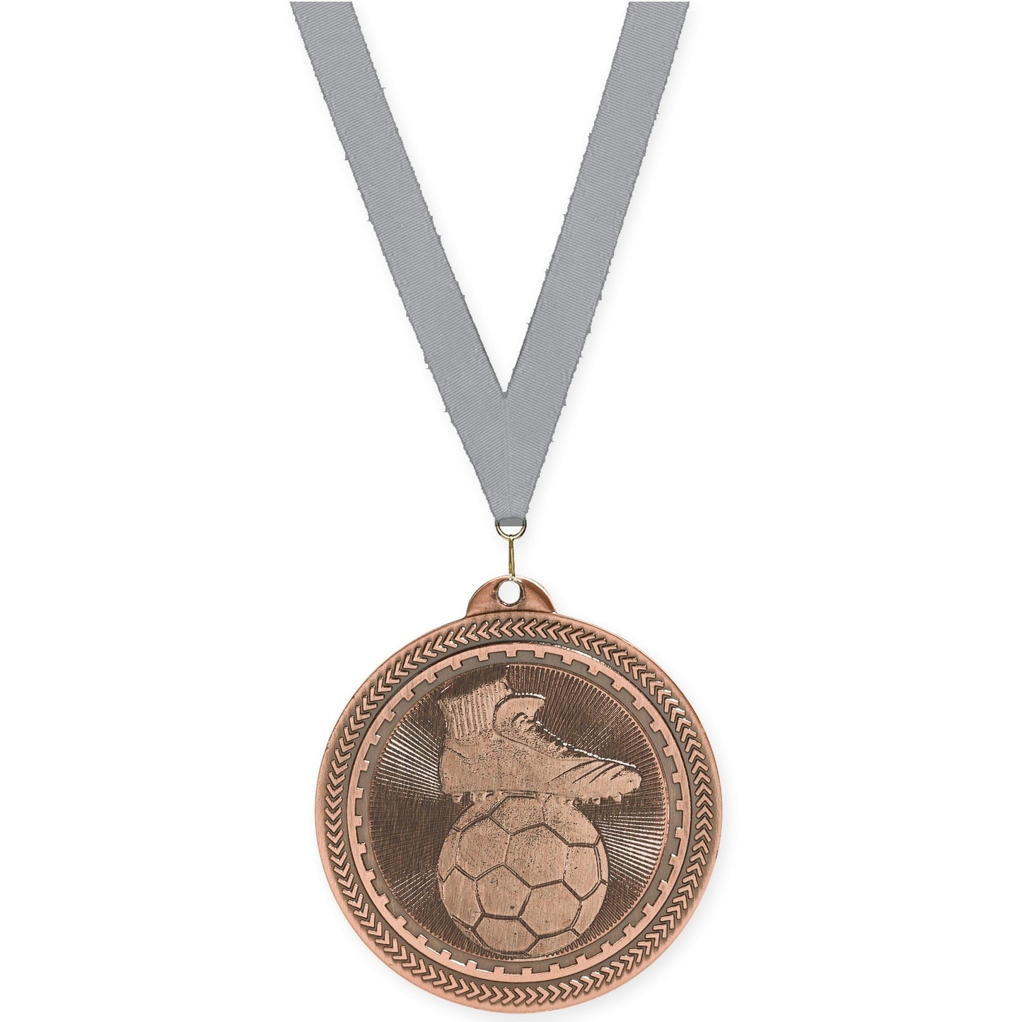 2 inch soccer medal in antique bronze with Gray neck ribbon