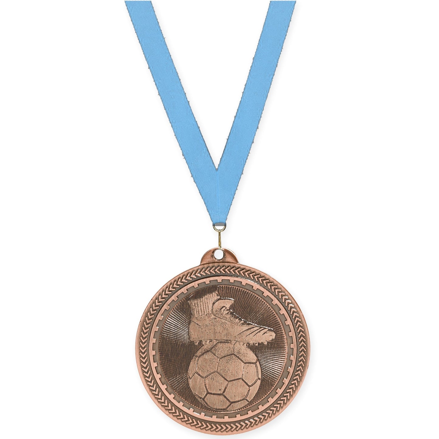 2 inch soccer medal in antique bronze with Light Blue neck ribbon