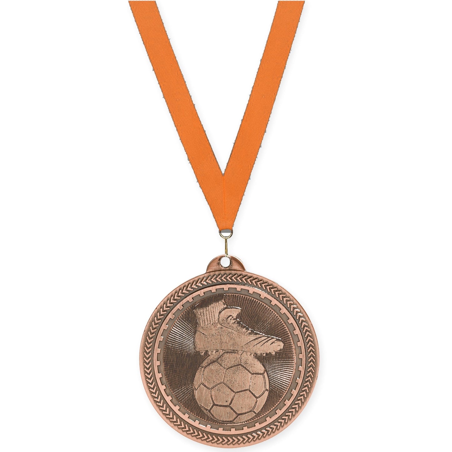 2 inch soccer medal in antique bronze with Orange neck ribbon