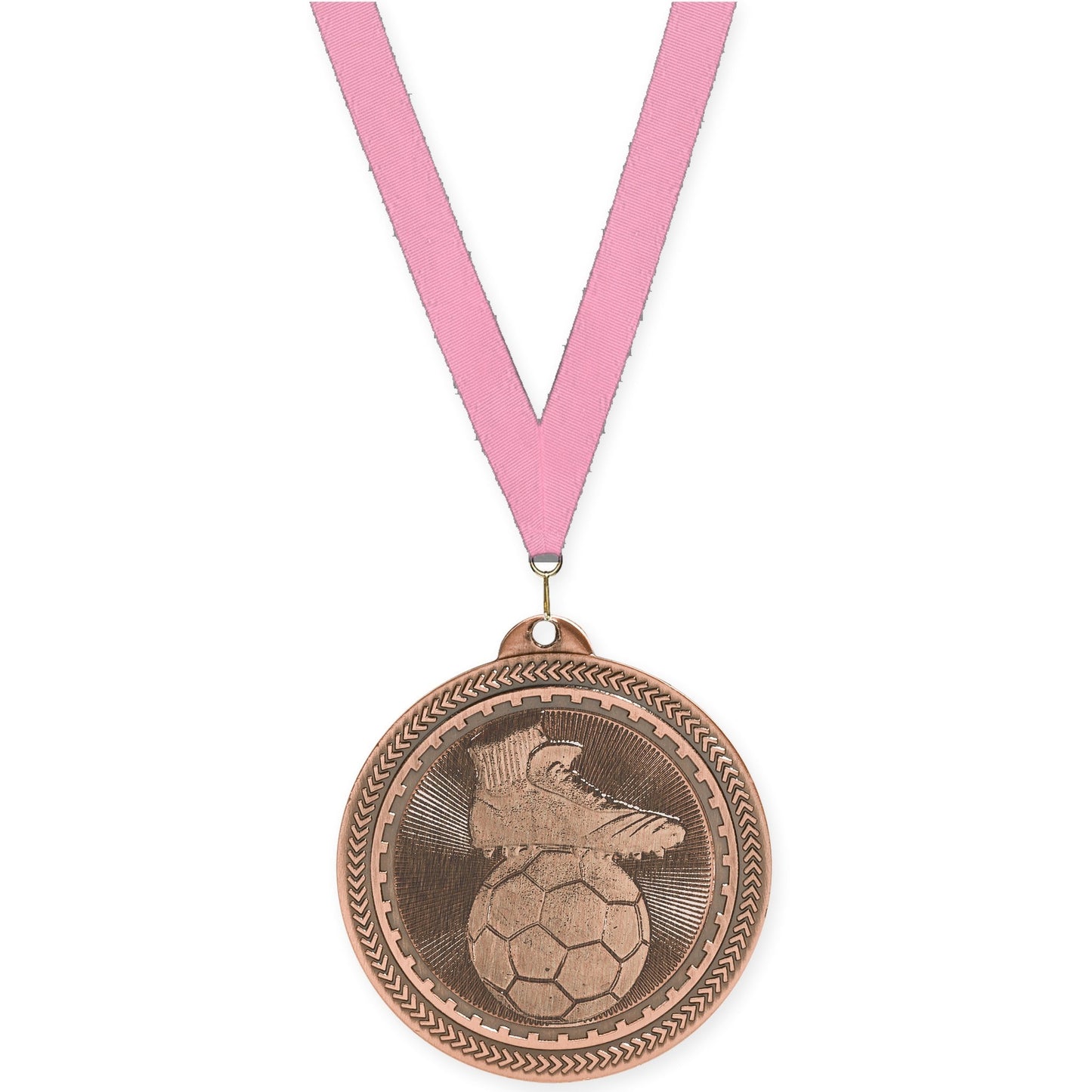 2 inch soccer medal in antique bronze with Pink neck ribbon
