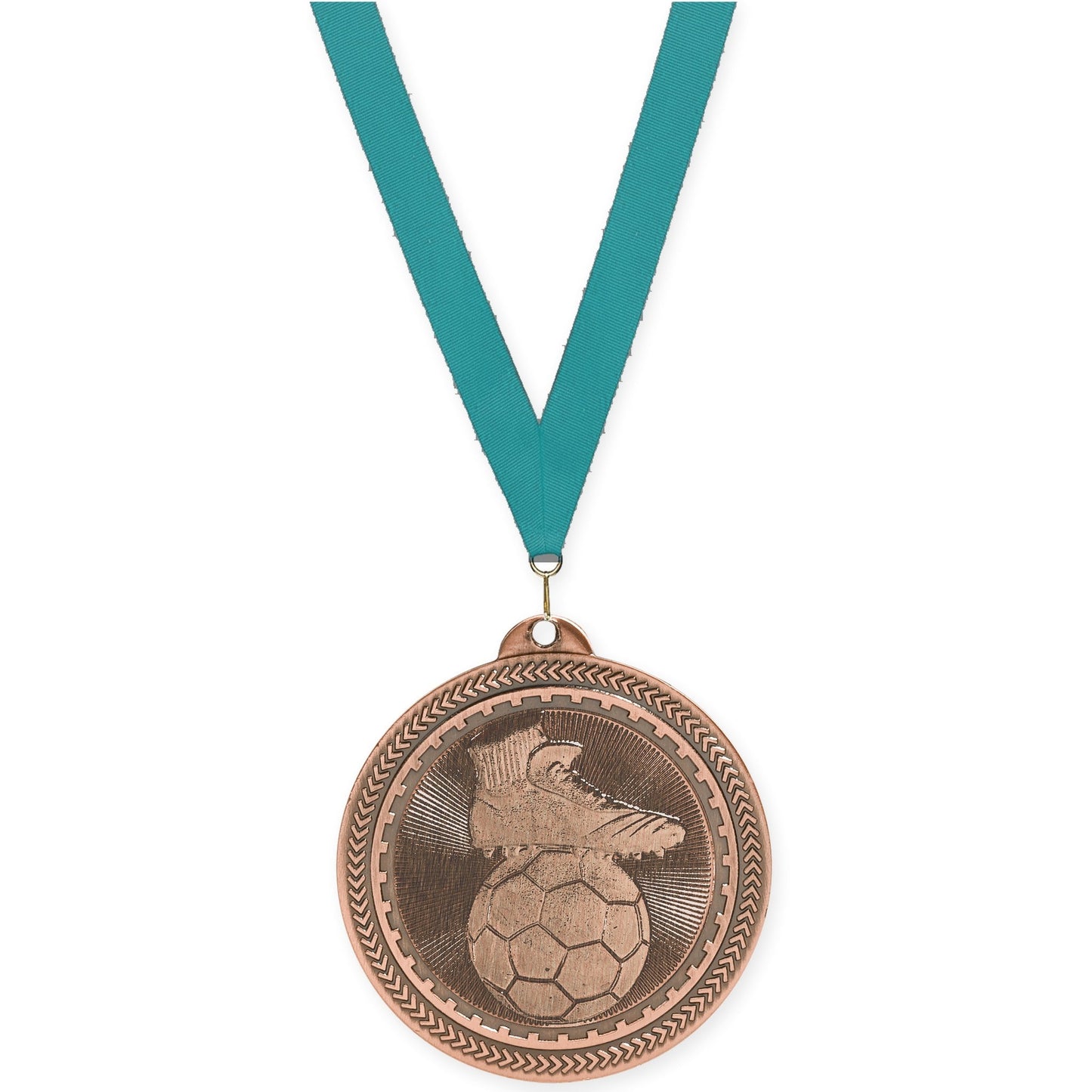 2 inch soccer medal in antique bronze with Teal neck ribbon