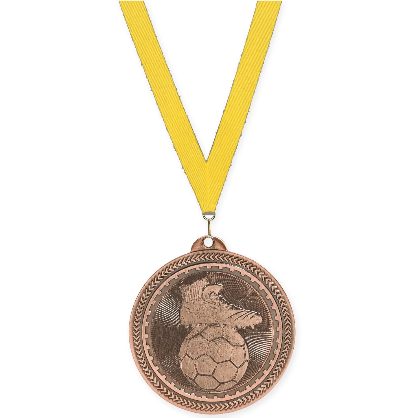 2 inch soccer medal in antique bronze with Yellow neck ribbon