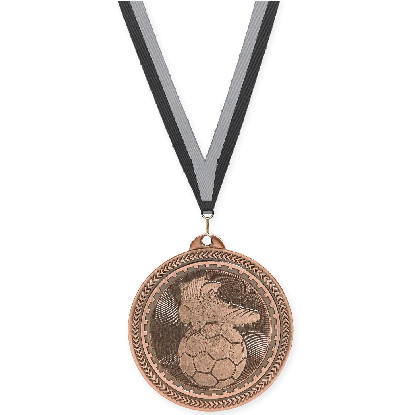 2 inch soccer medal in antique bronze with Black Gray neck ribbon