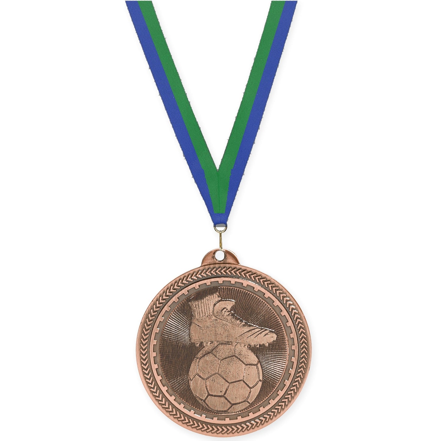 2 inch soccer medal in antique bronze with Blue Green neck ribbon