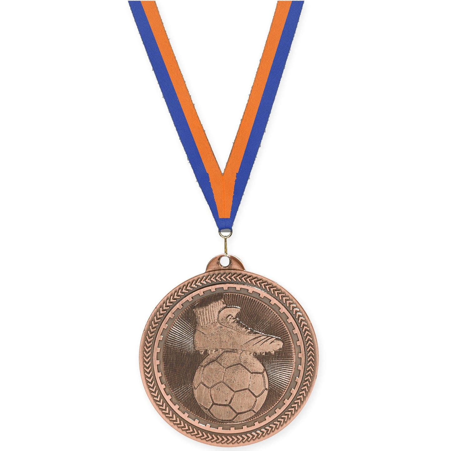 2 inch soccer medal in antique bronze with Blue Orange neck ribbon