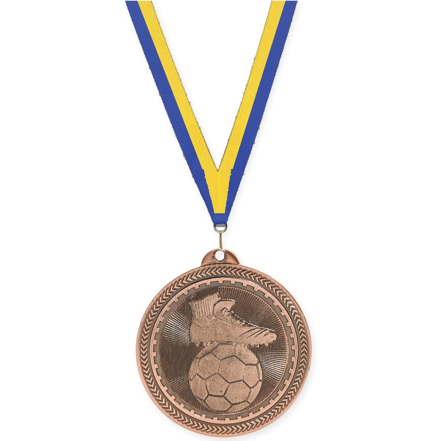 2 inch soccer medal in antique bronze with Blue Yellow neck ribbon