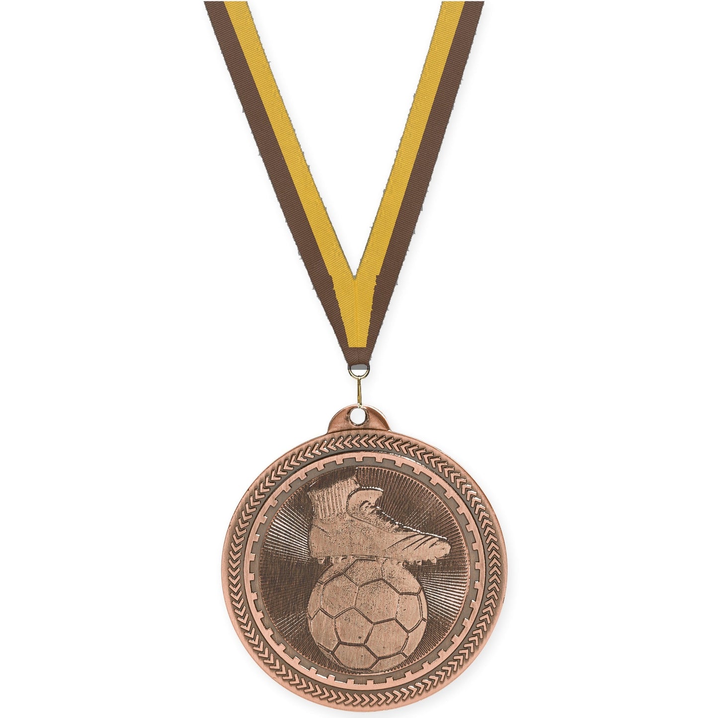2 inch soccer medal in antique bronze with Brown Gold neck ribbon