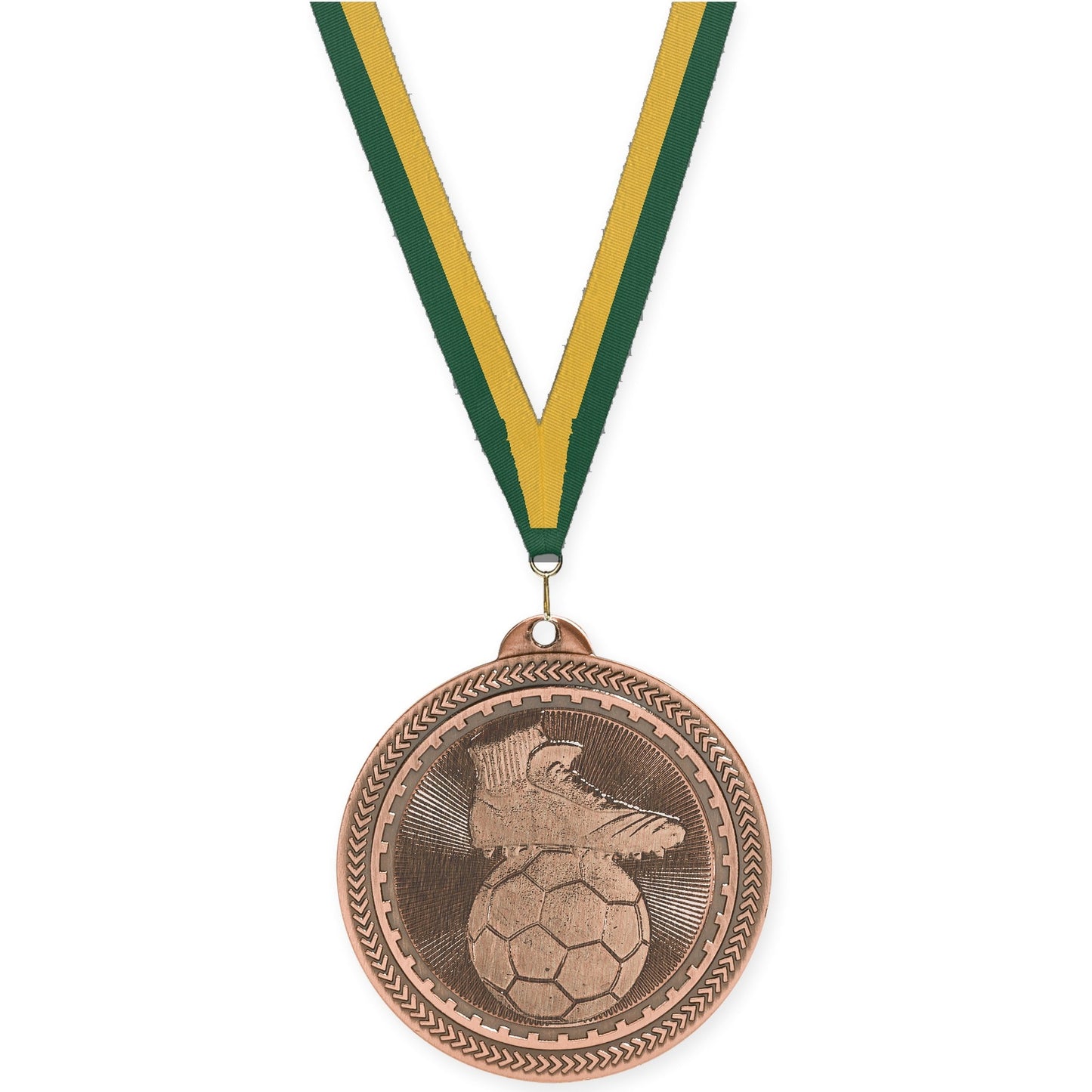 2 inch soccer medal in antique bronze with Hunter Green Gold neck ribbon