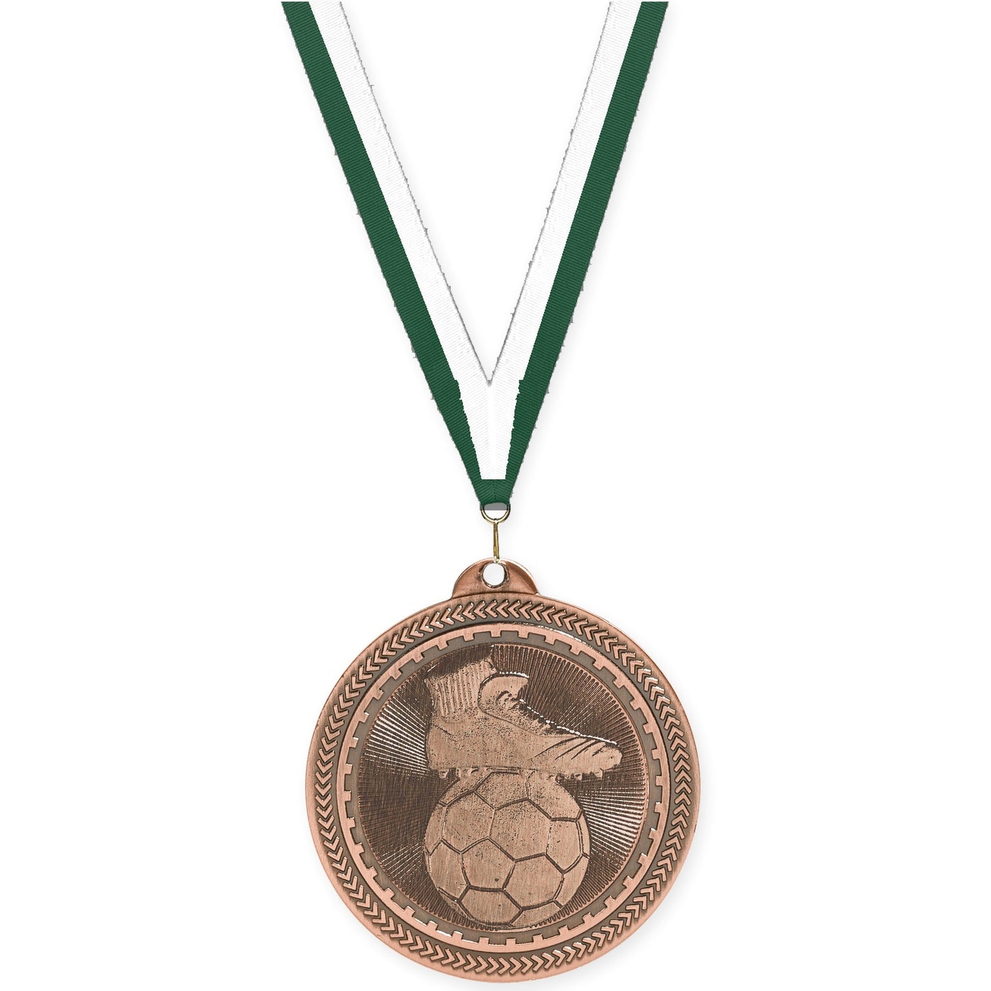 2 inch soccer medal in antique bronze with Hunter Green White neck ribbon