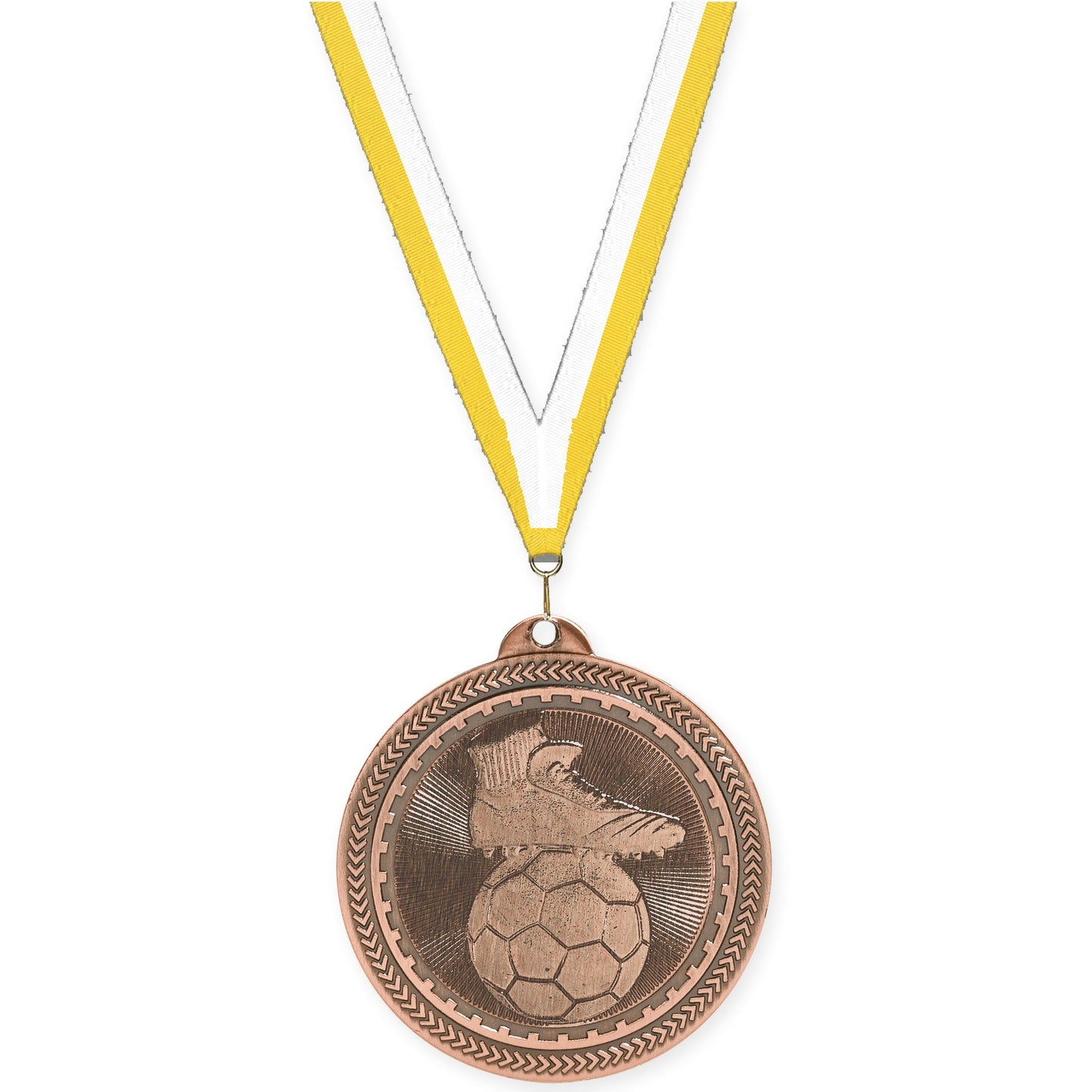 2 inch soccer medal in antique bronze with Yellow White neck ribbon