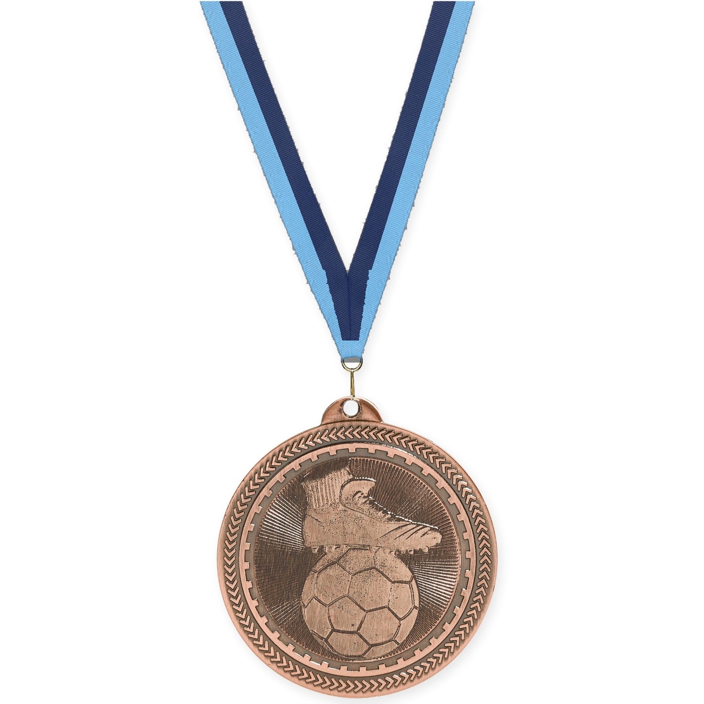 2 inch soccer medal in antique bronze with Light Blue Navy neck ribbon