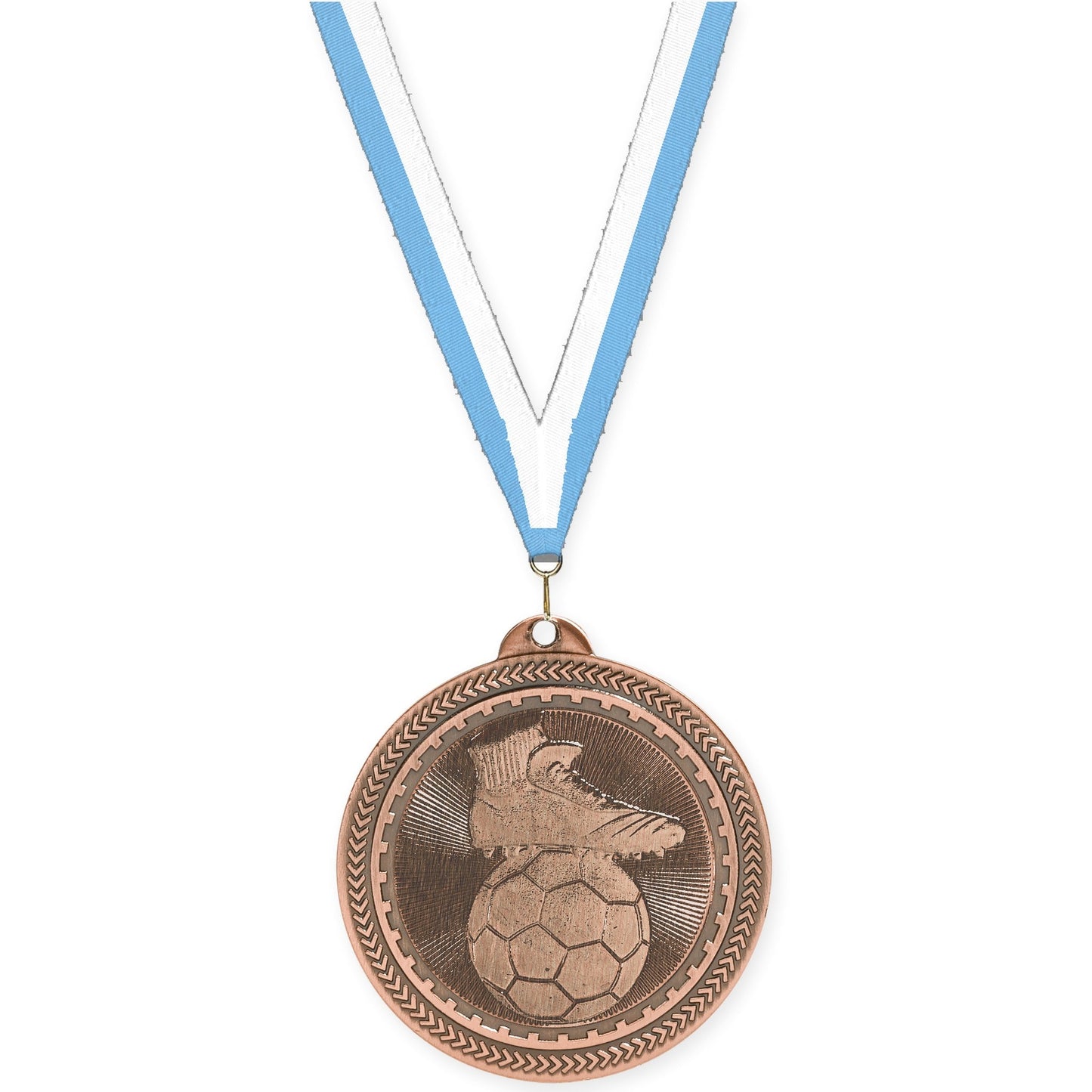 2 inch soccer medal in antique bronze with Light Blue White neck ribbon