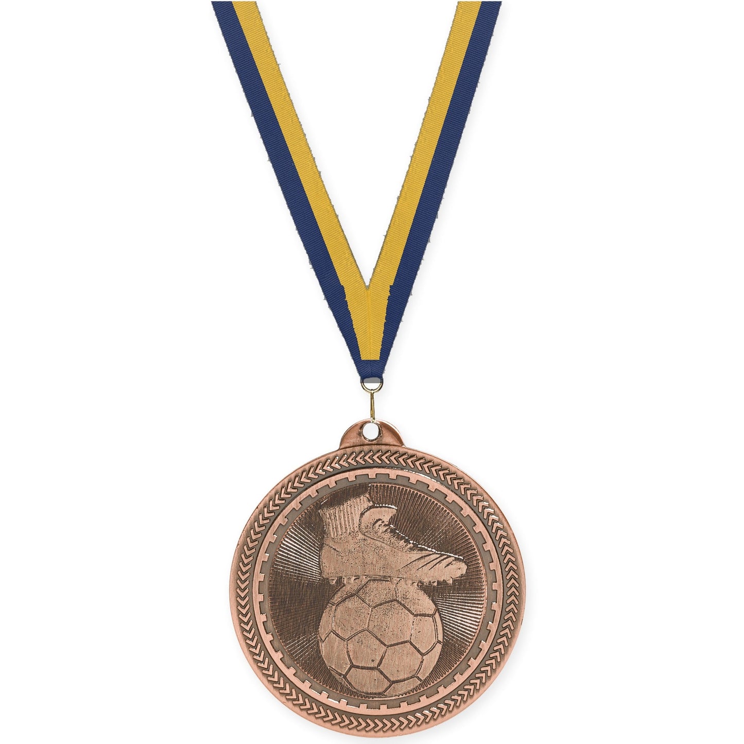 2 inch soccer medal in antique bronze with Navy Gold neck ribbon