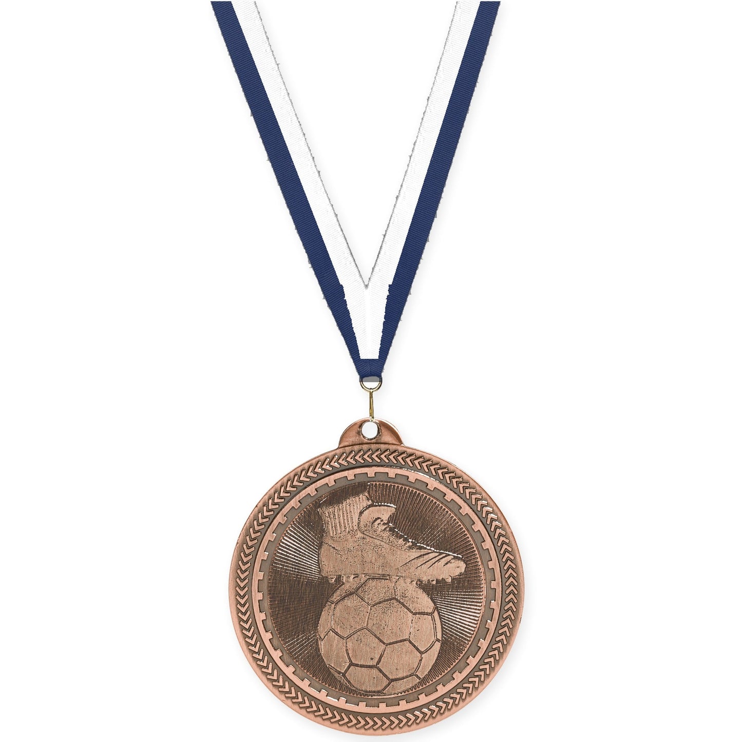 2 inch soccer medal in antique bronze with Navy White neck ribbon