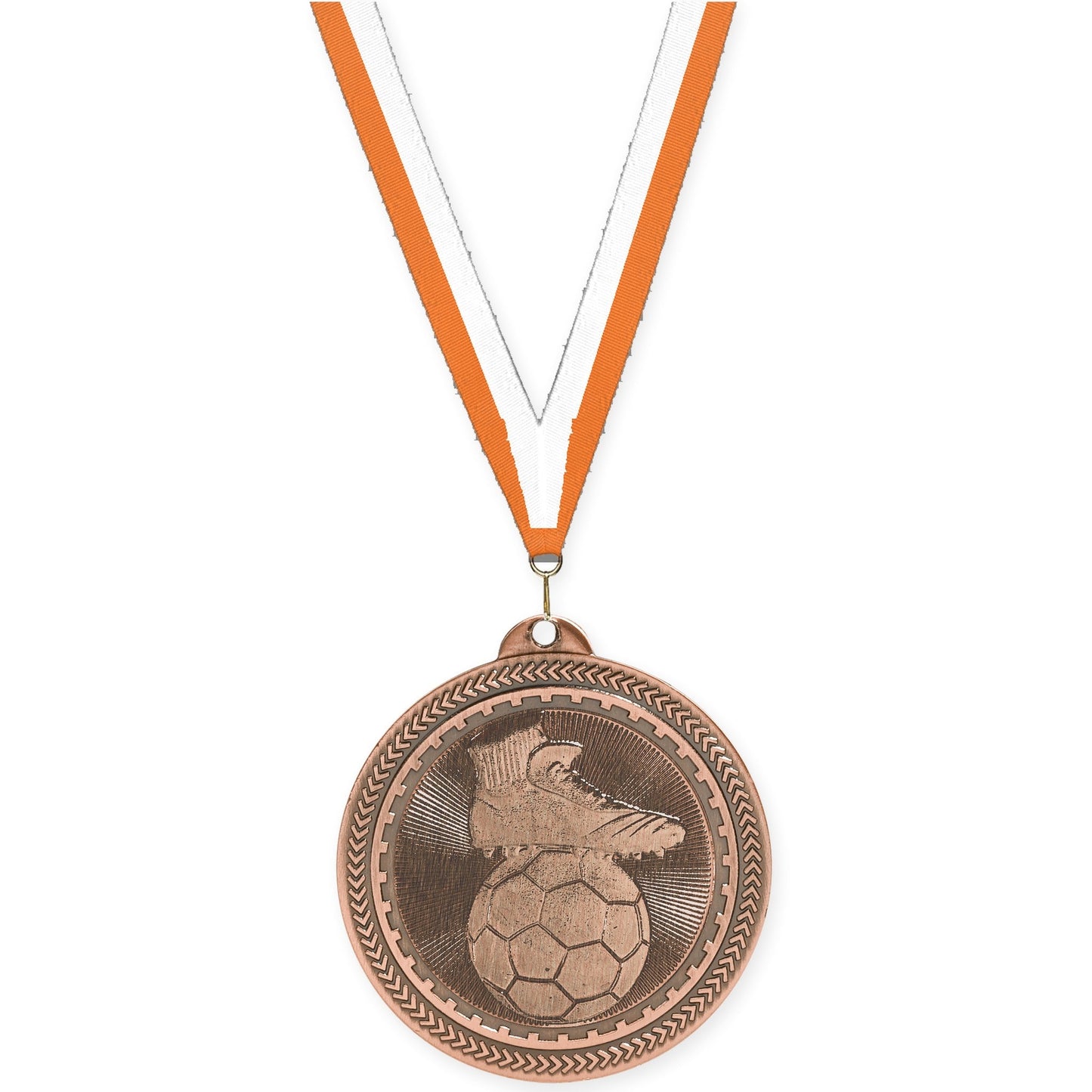 2 inch soccer medal in antique bronze with Orange White neck ribbon