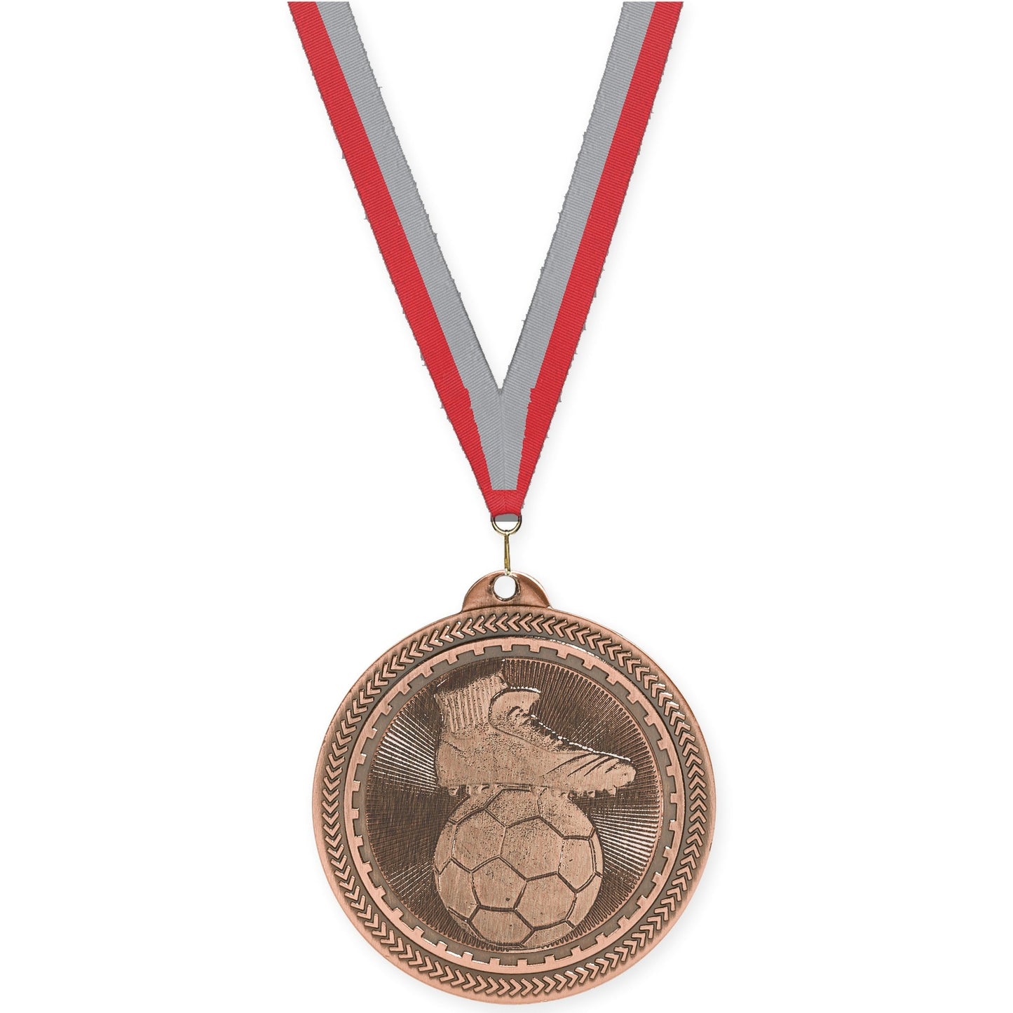 2 inch soccer medal in antique bronze with Red Gray neck ribbon