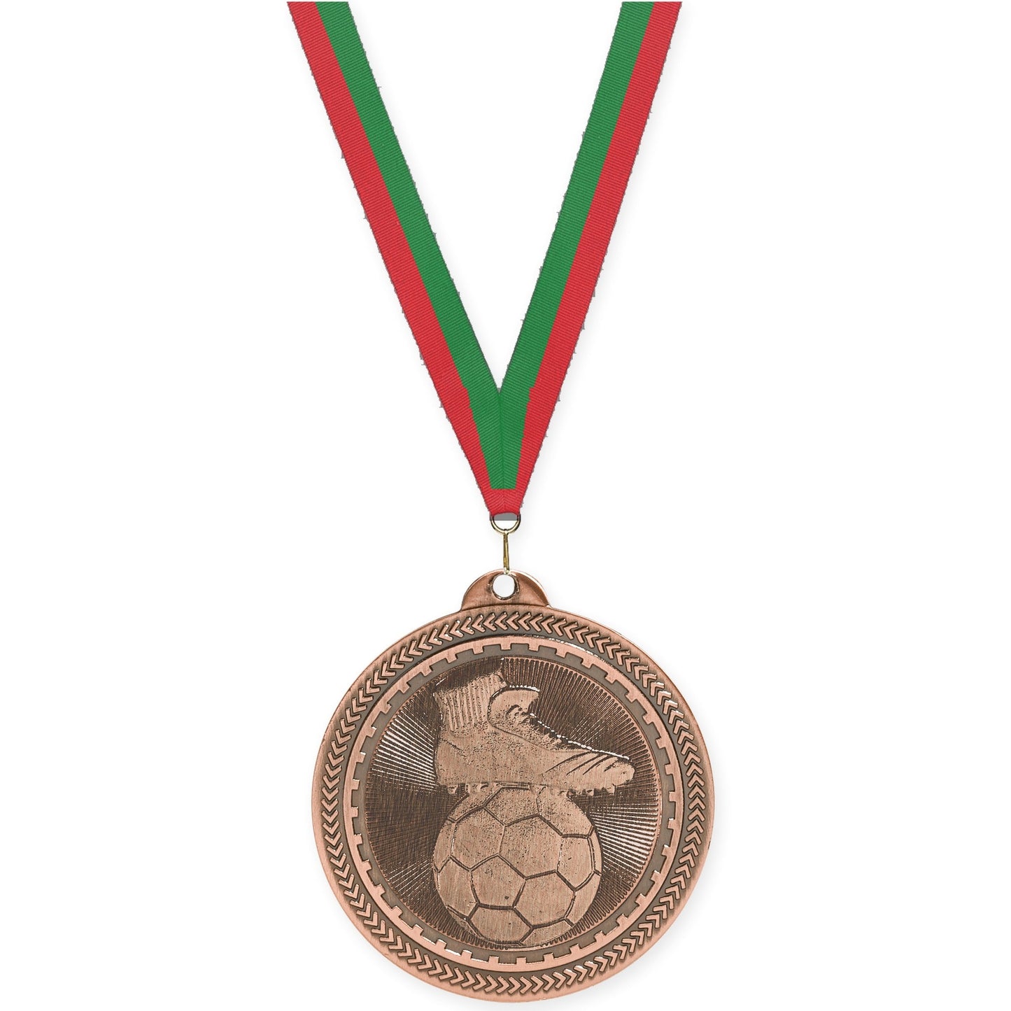 2 inch soccer medal in antique bronze with Red Green neck ribbon