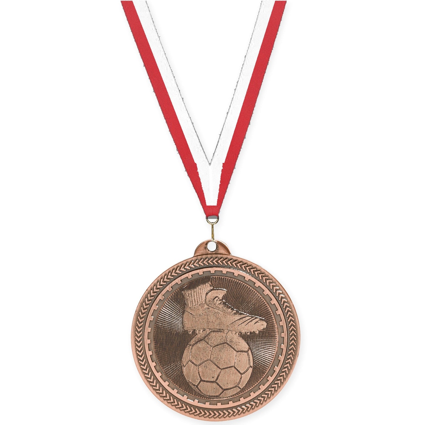 2 inch soccer medal in antique bronze with Red White neck ribbon