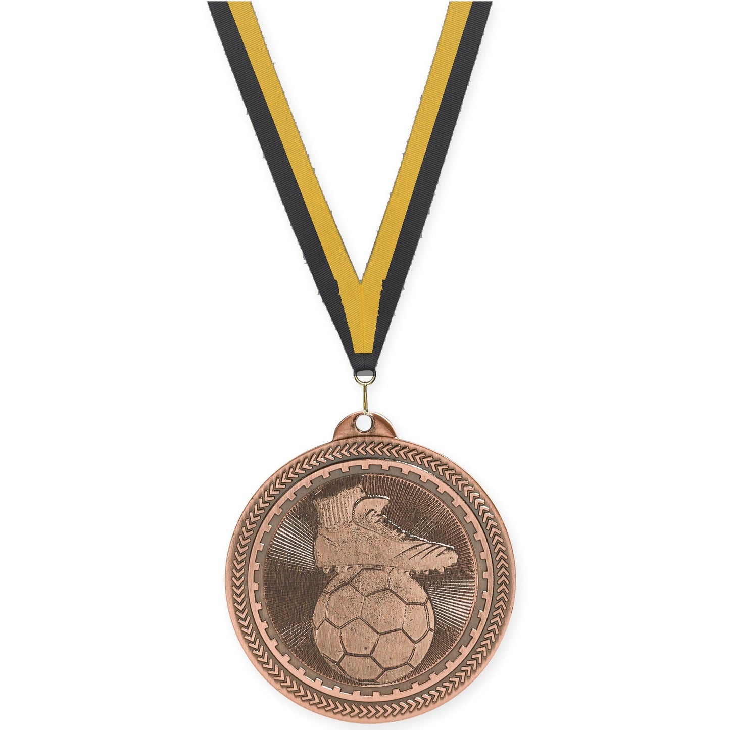 2 inch soccer medal in antique bronze with Black Gold neck ribbon