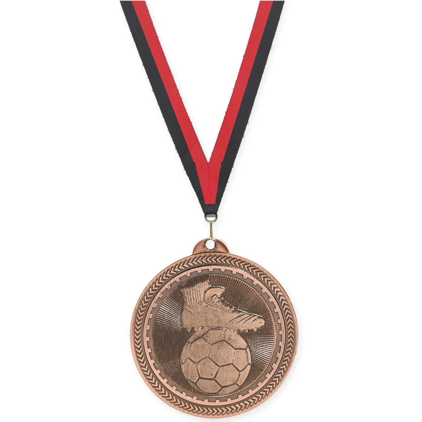 2 inch soccer medal in antique bronze with Black Red neck ribbon