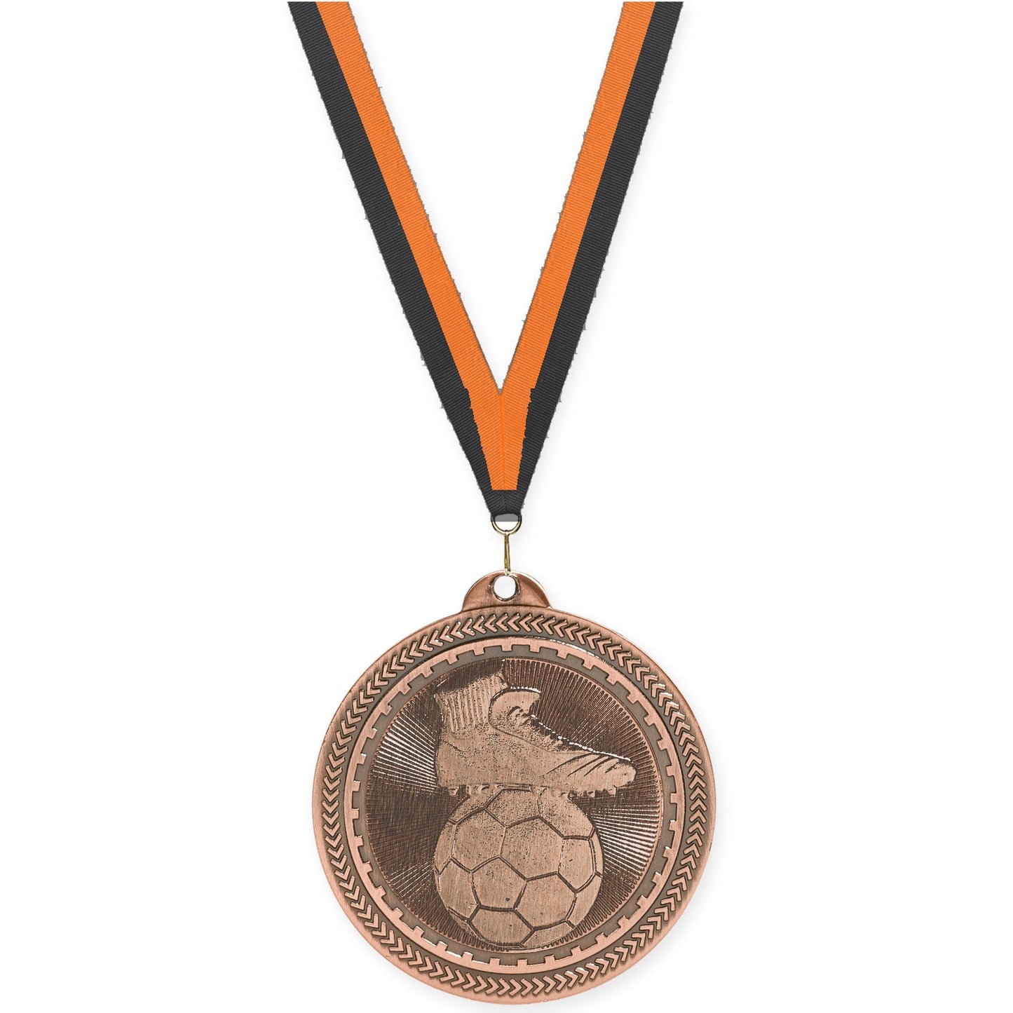 2 inch soccer medal in antique bronze with Black Orange neck ribbon