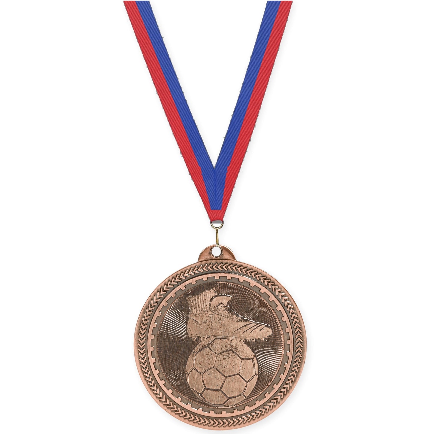 2 inch soccer medal in antique bronze with Blue Red neck ribbon