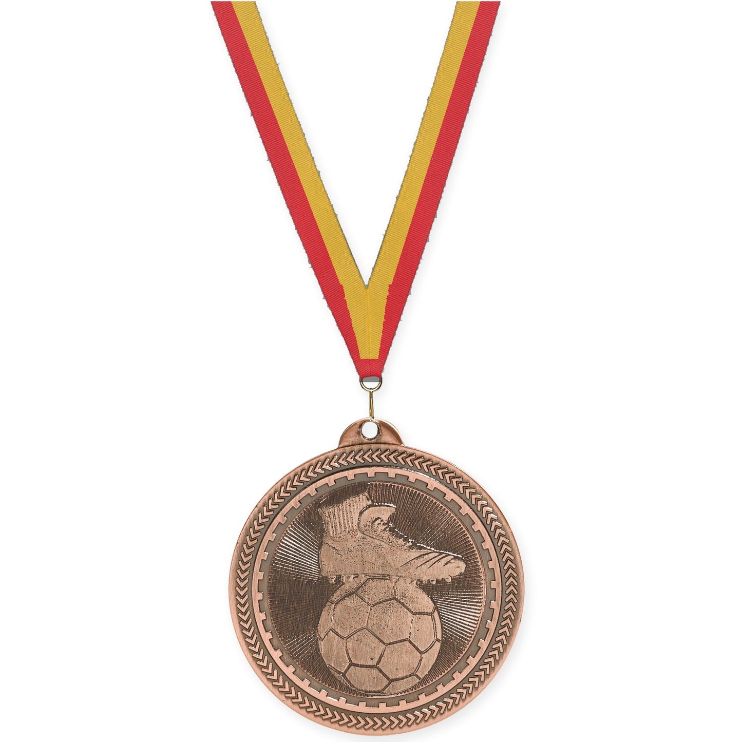2 inch soccer medal in antique bronze with Red Gold neck ribbon