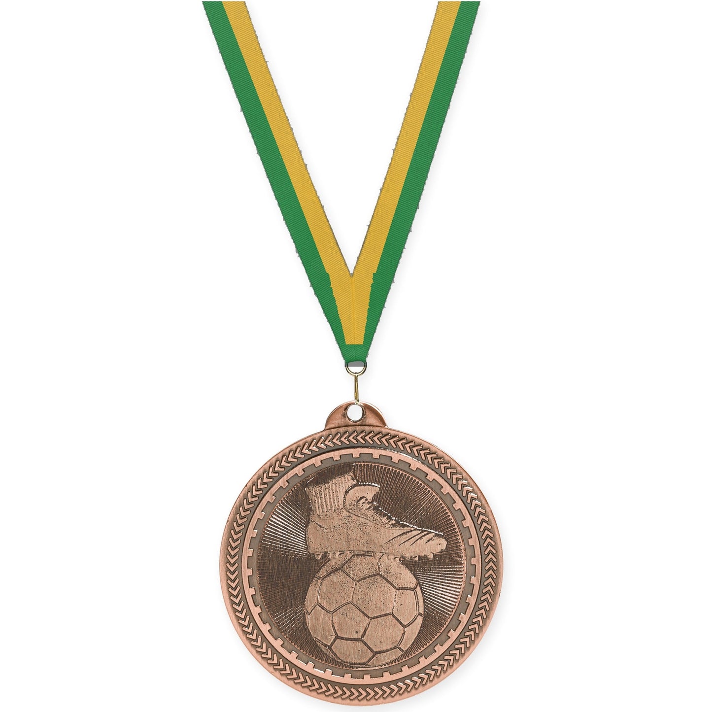 2 inch soccer medal in antique bronze with Green Gold neck ribbon