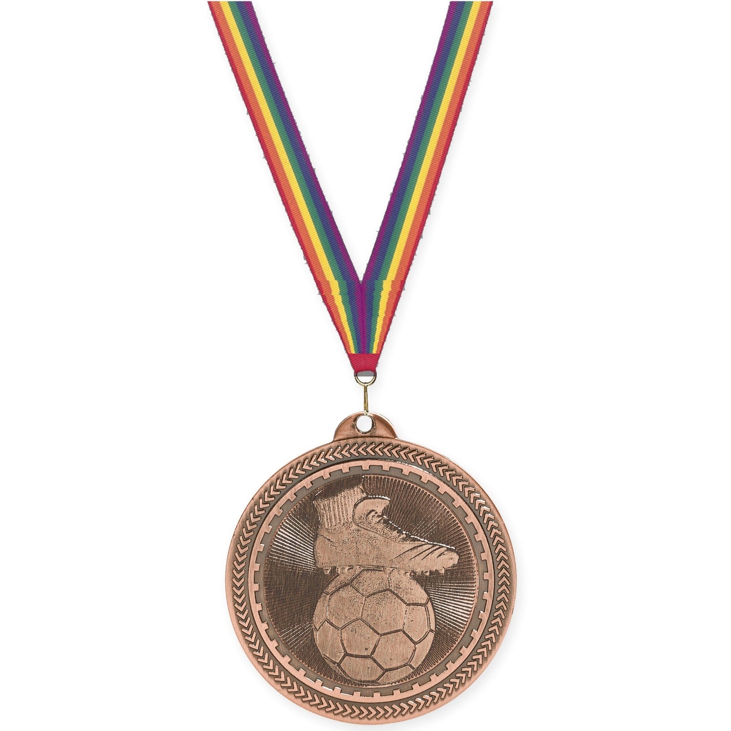 2 inch soccer medal in antique bronze with Rainbow neck ribbon