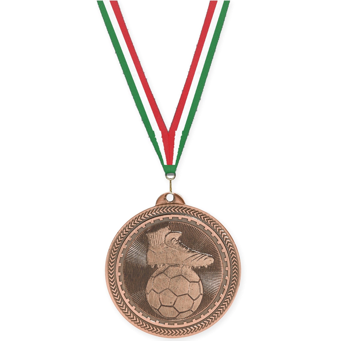 2 inch soccer medal in antique bronze with Green White Red neck ribbon