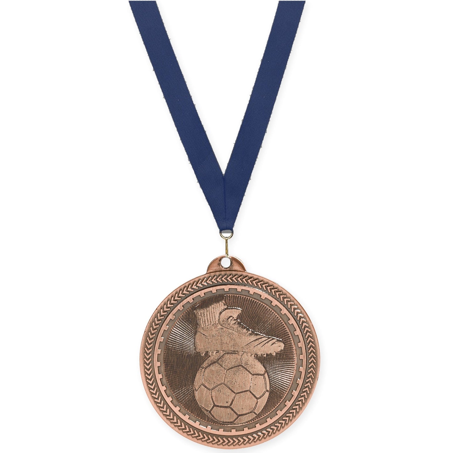 2 inch soccer medal in antique bronze with Navy neck ribbon