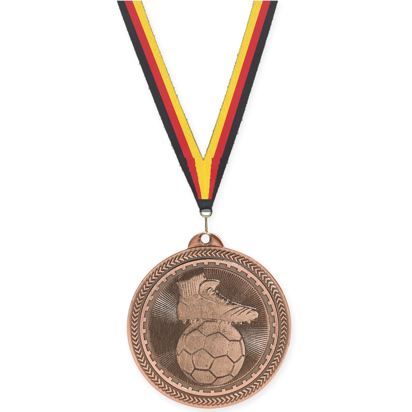 2 inch soccer medal in antique bronze with Black Red Yellow neck ribbon